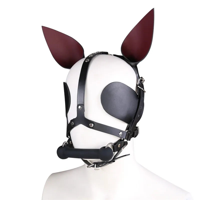 Fetish Leather Harness Head Piece Hood Mask with Silicone Bone Mouth