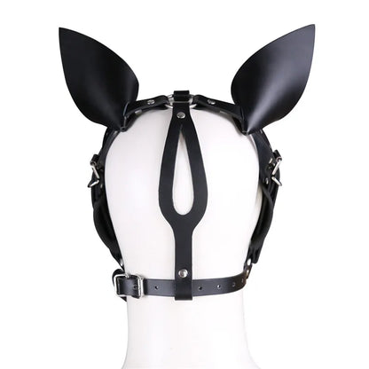 Fetish Leather Harness Head Piece Hood Mask with Silicone Bone Mouth