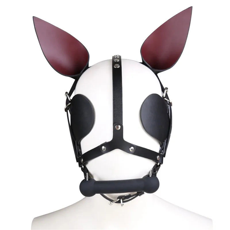 Fetish Leather Harness Head Piece Hood Mask with Silicone Bone Mouth