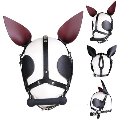 Fetish Leather Harness Head Piece Hood Mask with Silicone Bone Mouth