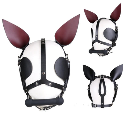 Fetish Leather Harness Head Piece Hood Mask with Silicone Bone Mouth