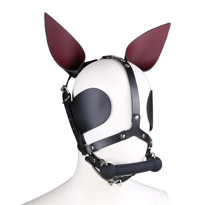 Fetish Leather Harness Head Piece Hood Mask with Silicone Bone Mouth