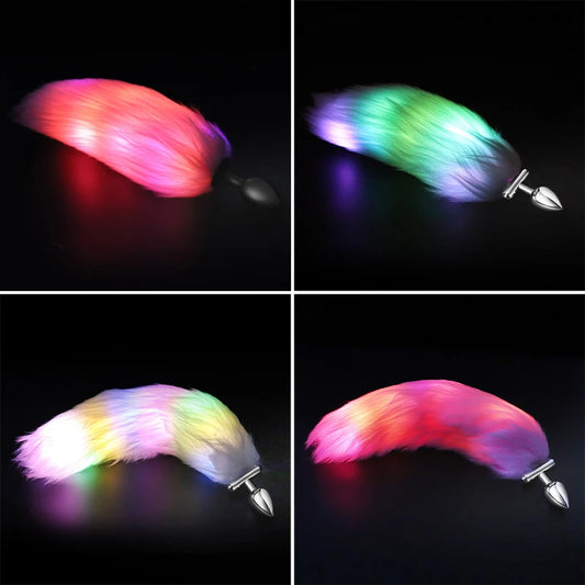 2 In 1 LED Light Luminous Fox Tail Anal Plug Metal/Silicone