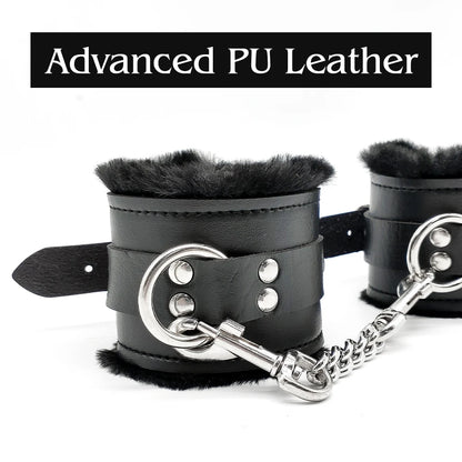 2PCS Plush Leather Handcuffs with Blindfold Kit Fuzzy Wrist Cuffs and Eye Mask