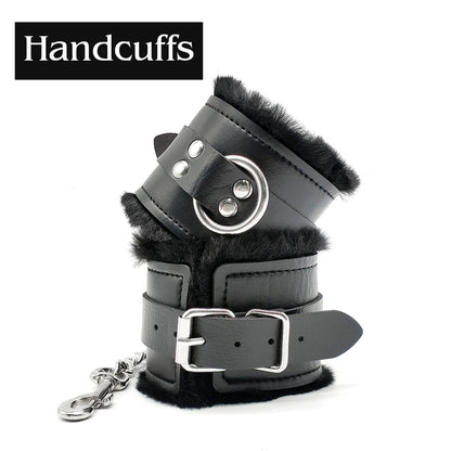 2PCS Plush Leather Handcuffs with Blindfold Kit Fuzzy Wrist Cuffs and Eye Mask